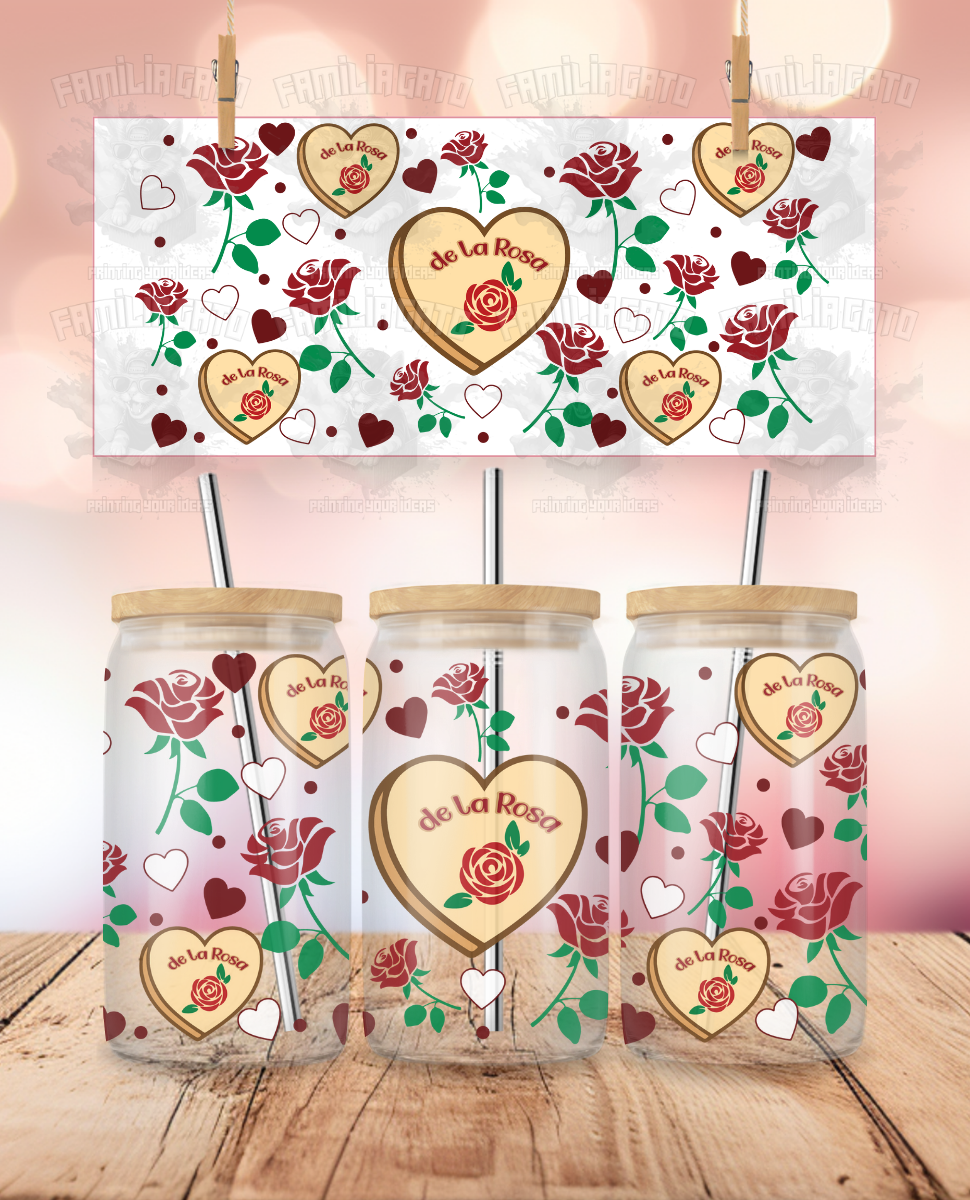 Valentine's Day - De la Rosa Mazapan Hearts & Roses UVDTF Sticker Wrap For 16 oz Libbey Glass Cup