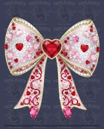 Valentine's Day - Rhinestone Gold and Pink Bow with Hearts DTF Transfer