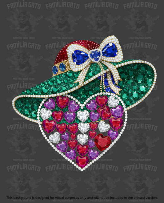 Valentine's Day - Rhinestone Green Hat with Bow on Heart DTF Transfer