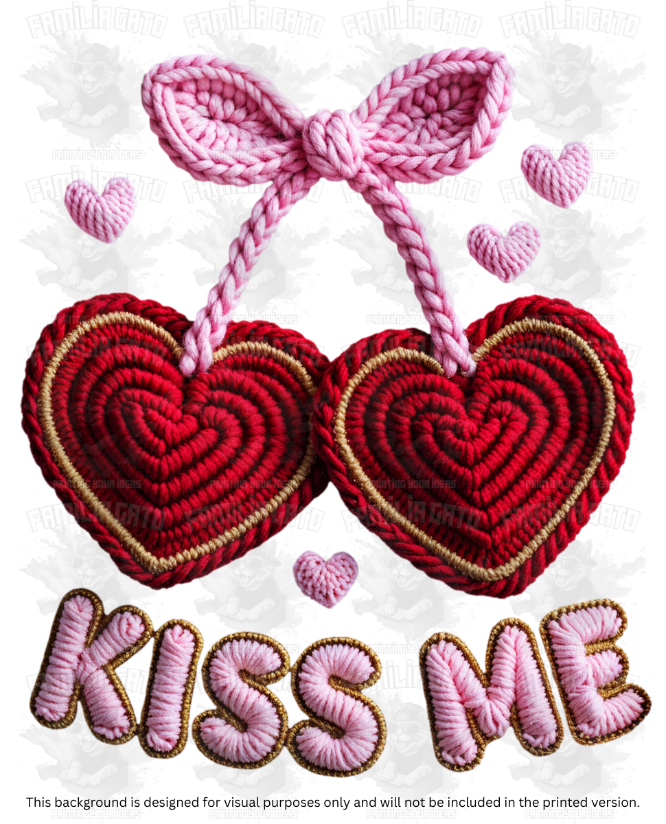 Valentine's Day - Faux Yarn Kiss Me Cherry Hearts DTF Transfer