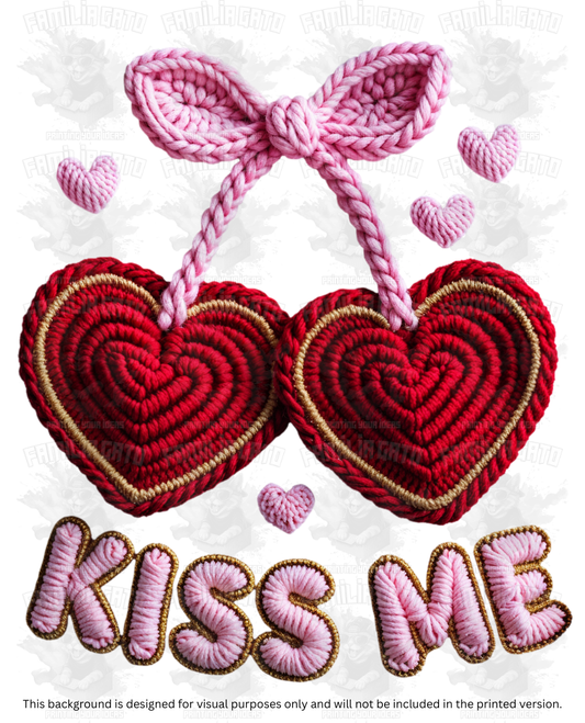 Valentine's Day - Faux Yarn Kiss Me Cherry Hearts DTF Transfer
