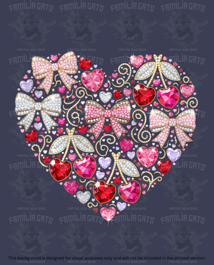 Valentine's Day - Rhinestone Heart with Bows and Cherries DTF Transfer
