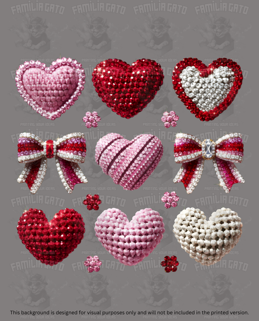 Valentine's Day - Rhinestone Hearts and Bows Set DTF Transfer