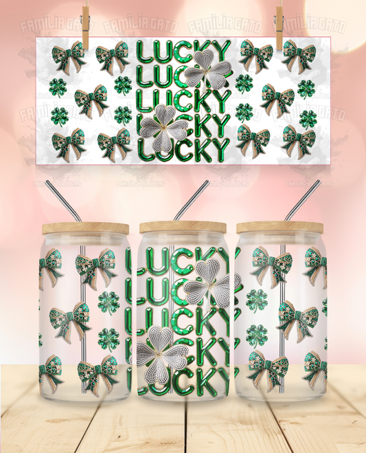 St. Patrick's Day Rhinestone Lucky Lucky Lucky UVDTF Wrap for 16 Oz Libbey Glass Can