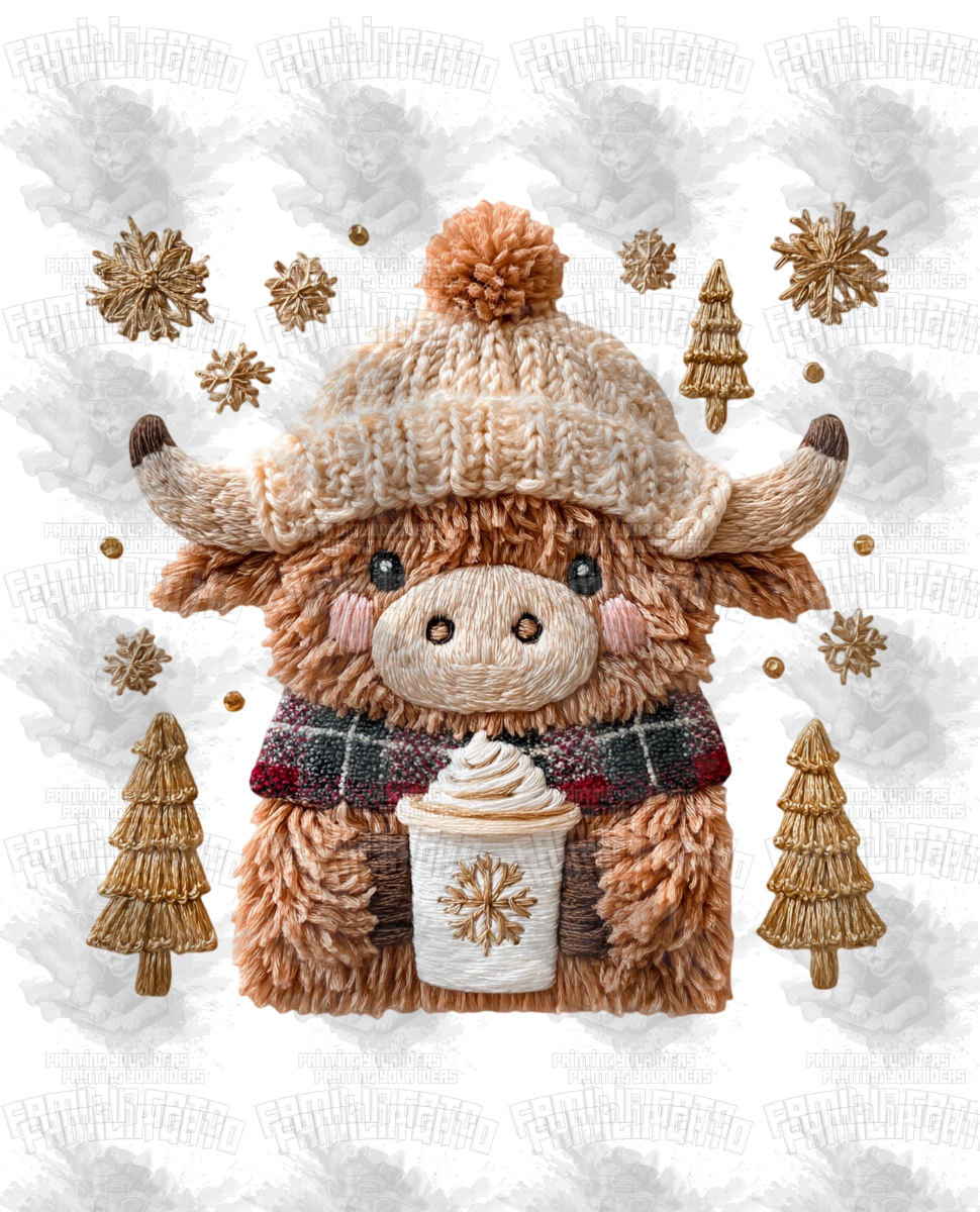 Faux Crochet Cow, Christmas trees & Latte DTF Transfer