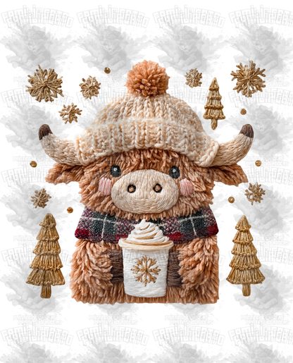 Faux Crochet Cow, Christmas trees & Latte DTF Transfer