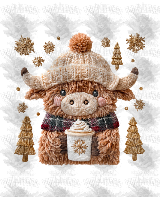 Faux Crochet Cow, Christmas trees & Latte DTF Transfer