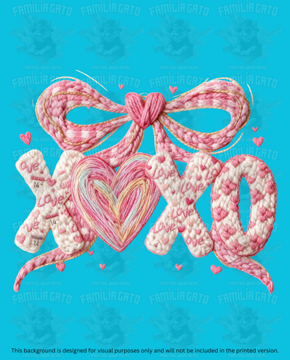 Valentine's Day - Faux Yarn Pink XoXo Heart & Bow DTF Transfer