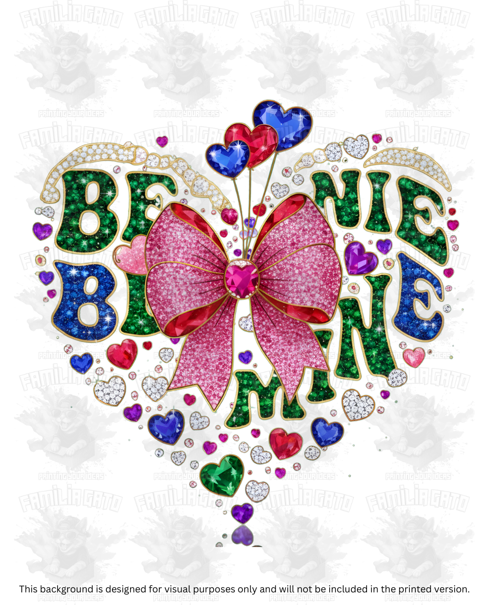 Valentine's Day - Rhinestone Be Mine Blue and Green Heart DTF Transfer