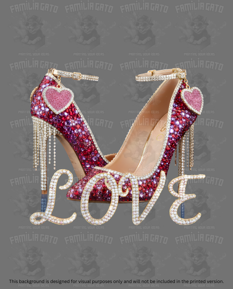 Valentine's Day - Rhinestone High Heel Shoes with Love Text DTF Transfer