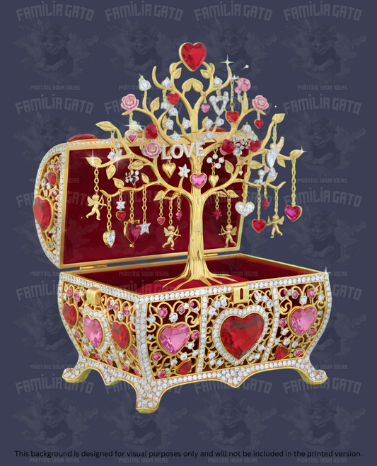 Valentine's Day - Rhinestone Jewelry Box with Golden Tree of Hearts DTF Transfer