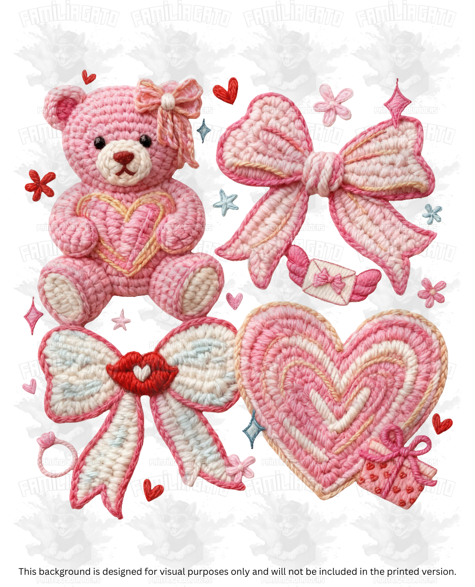 Valentine's Day - Faux Yarn Teddy Bear, Heart & Bows DTF Transfer