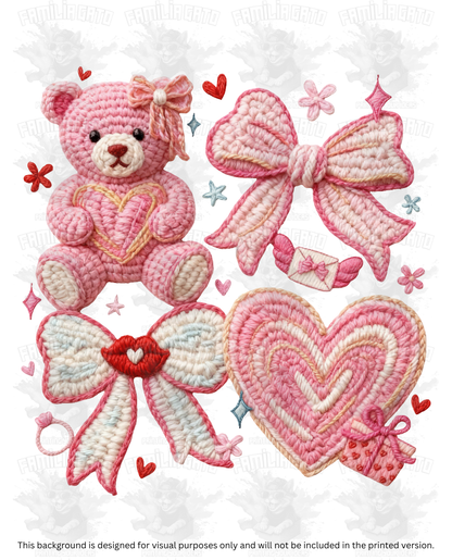 Valentine's Day - Faux Yarn Teddy Bear, Heart & Bows DTF Transfer