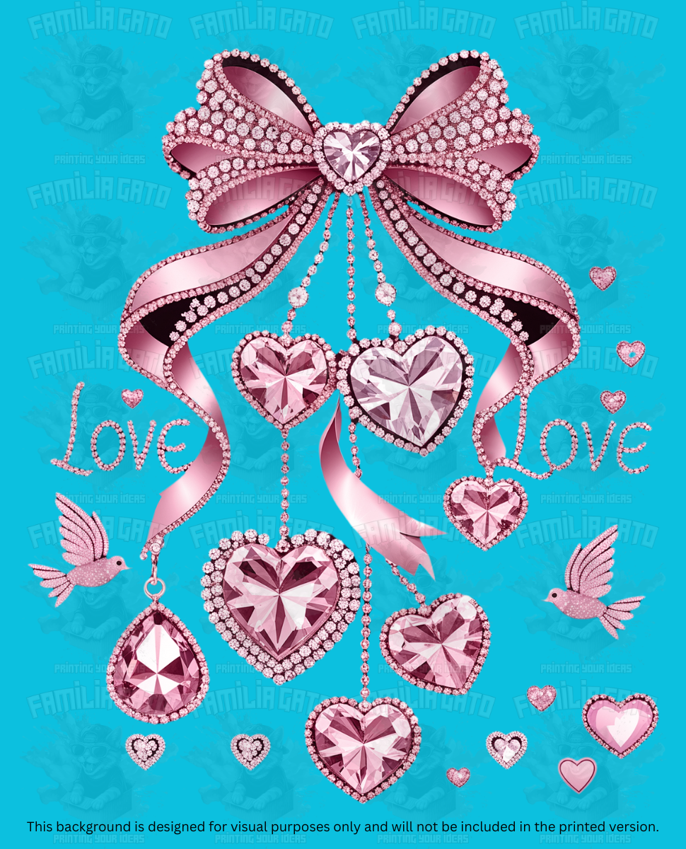 Valentine's Day - Rhinestone Pink bow, hearts, and birds DTF Transfer