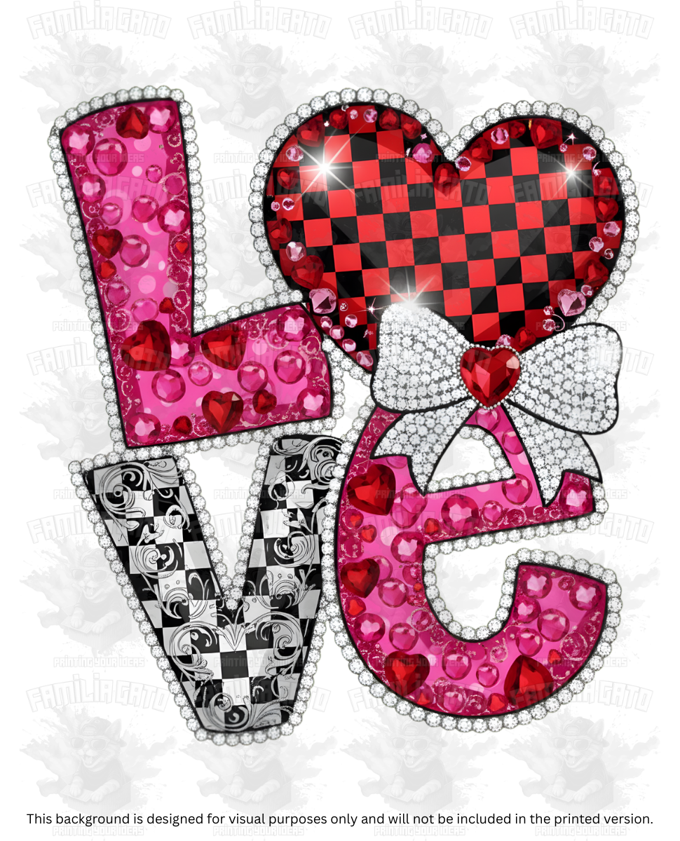 Valentine's Day - Rhinestone Love Checkered DTF Transfer