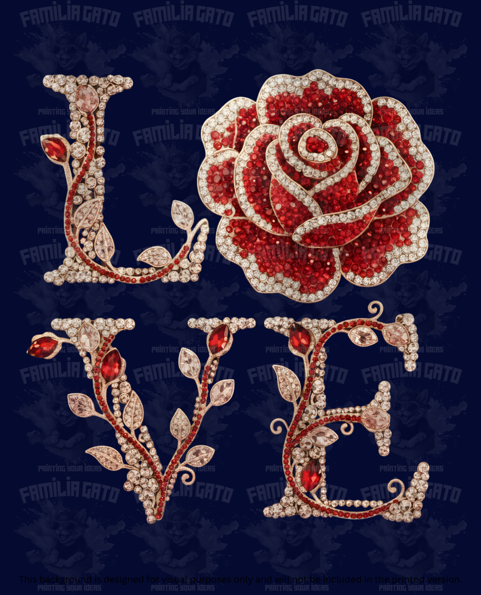 Valentine's Day - Rhinestone Love with Red Rose DTF Transfer
