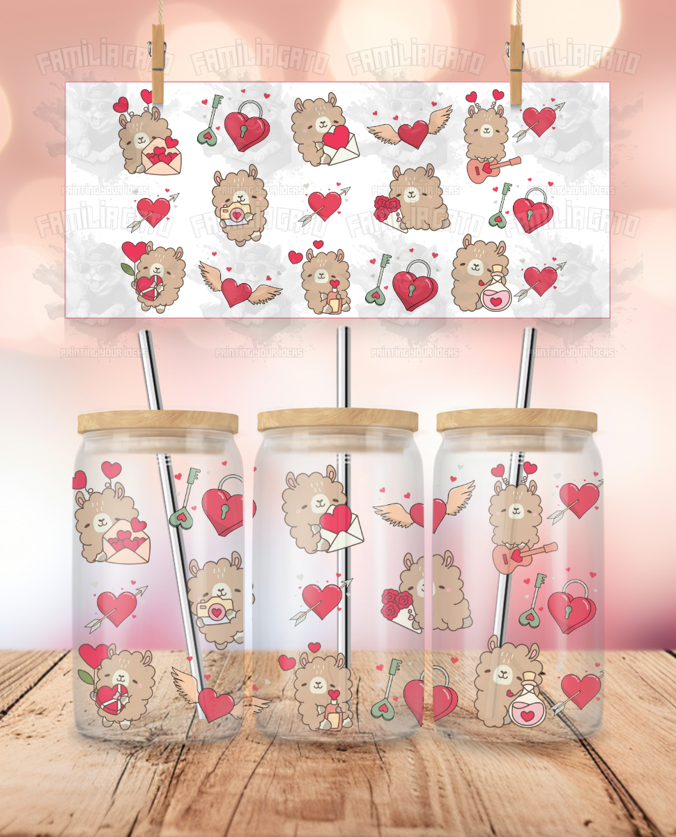 Valentine's Day - Lovely Llamas UVDTF Sticker Wrap For 16 oz Libbey Glass Cup