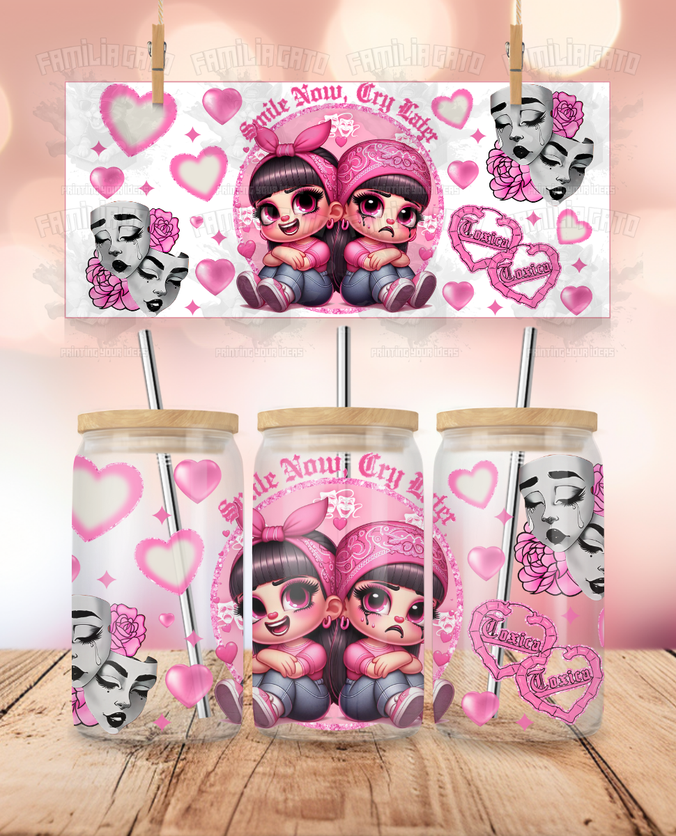 Valentine's Day - Cholos Love - Smile Now, Cry Later UVDTF Sticker Wrap For 16 oz Libbey Glass Cup