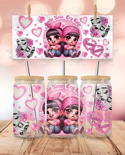 Valentine's Day - Cholos Love - Smile Now, Cry Later UVDTF Sticker Wrap For 16 oz Libbey Glass Cup