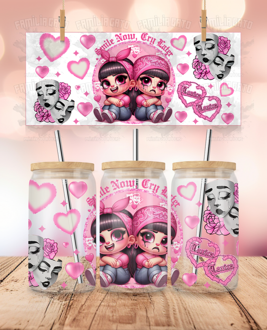 Valentine's Day - Cholos Love - Smile Now, Cry Later UVDTF Sticker Wrap For 16 oz Libbey Glass Cup