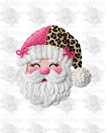 Faux Yarn Pink Leopard Santa DTF Transfer