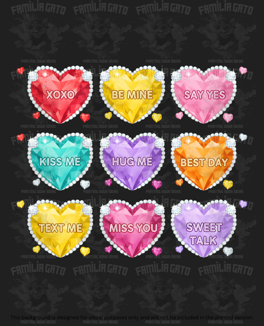 Valentine's Day - Rhinestone Multi-Color Set of  Hearts DTF Transfer