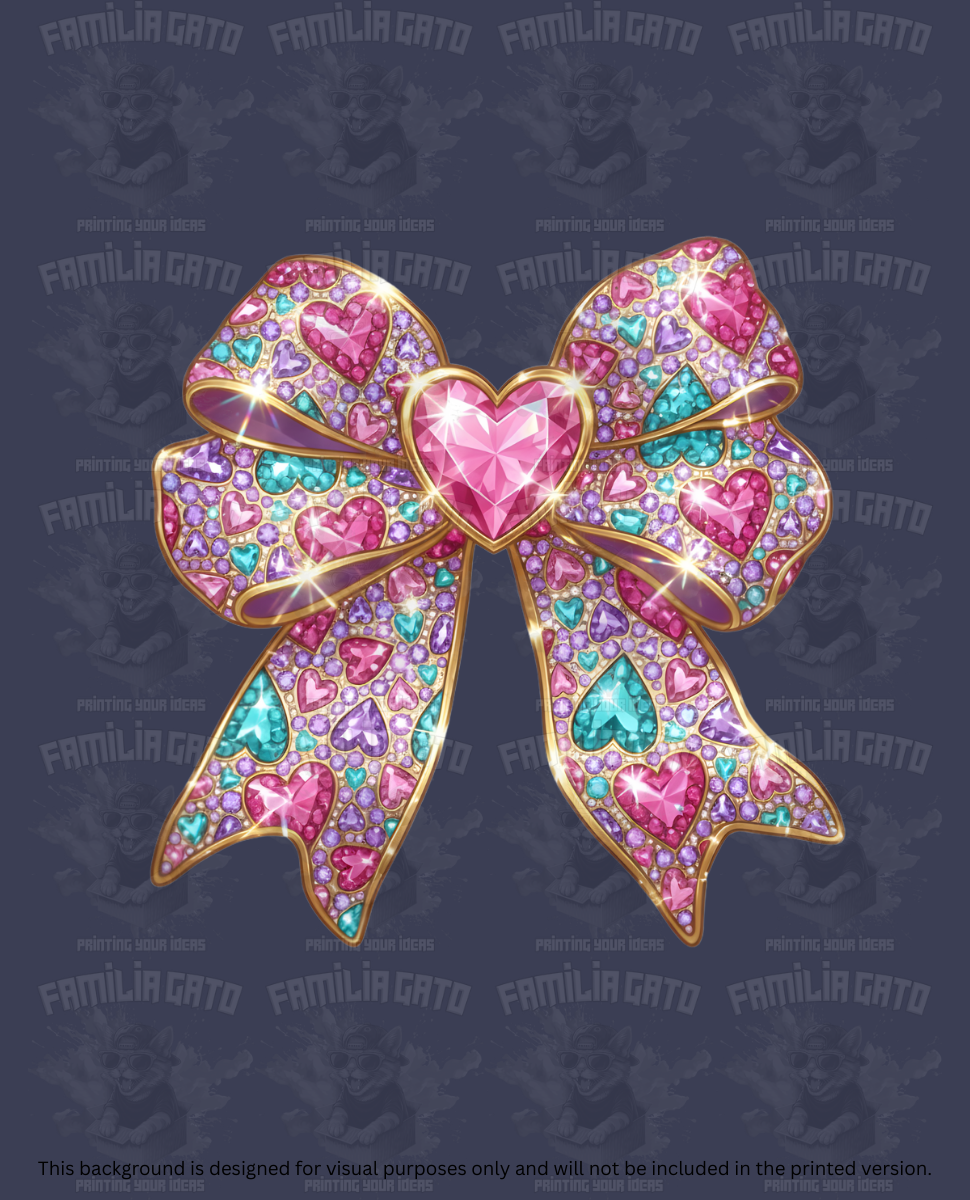 Valentine's Day - Rhinestone Pink Bow & Turquoise Hearts DTF Transfer