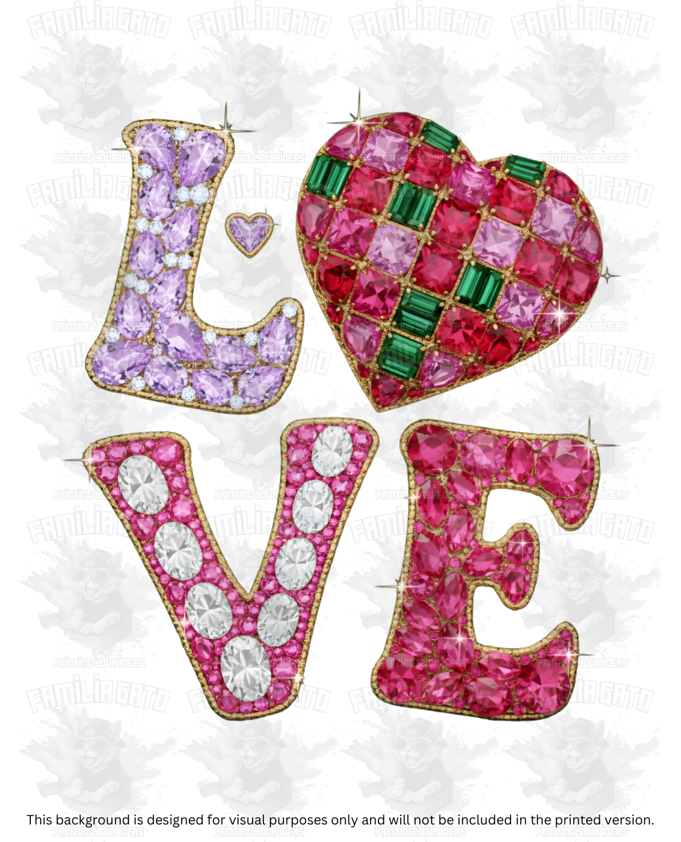 Valentine's Day - Rhinestone Pink and Green Love Heart DTF Transfer