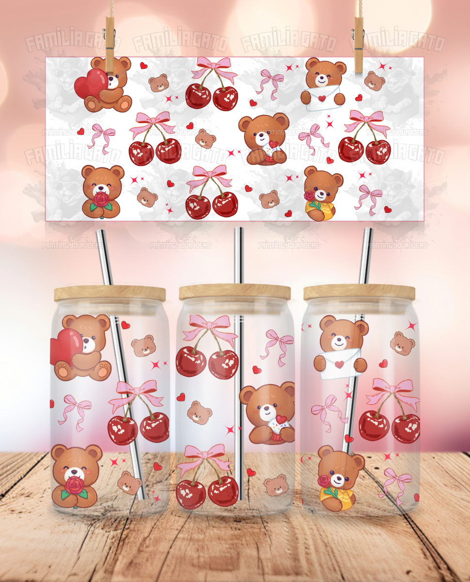 Valentine's Day - Lovely Teddy Bears & Cherries Lovely Llamas UVDTF Sticker Wrap For 16 oz Libbey Glass Cup