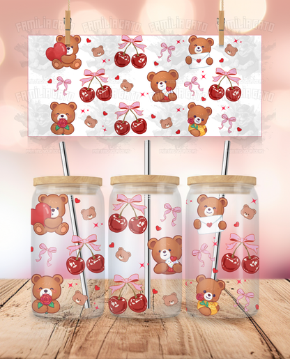 Valentine's Day - Lovely Teddy Bears & Cherries Lovely Llamas UVDTF Sticker Wrap For 16 oz Libbey Glass Cup