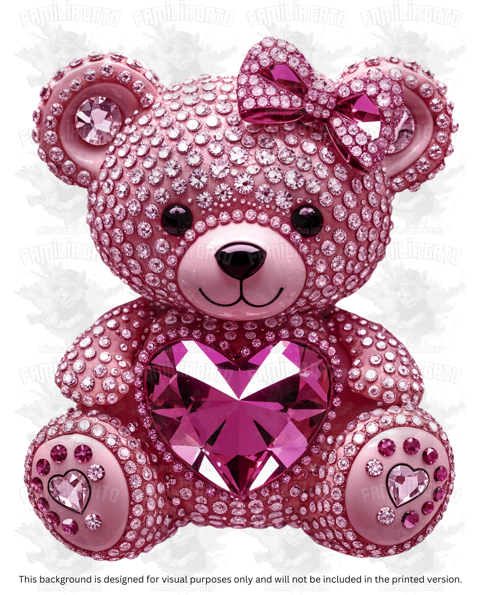 Valentine's Day - Rhinestone Pink Teddy Bear with Pink Heart DTF Transfer