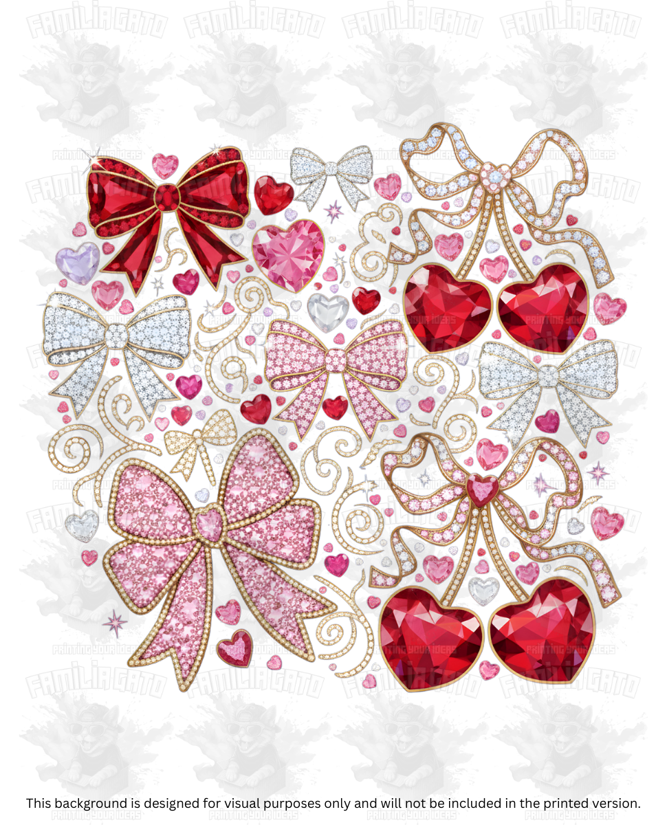Valentine's Day - Rhinestone Pink Bows and Red Heart Cherries DTF Transfer