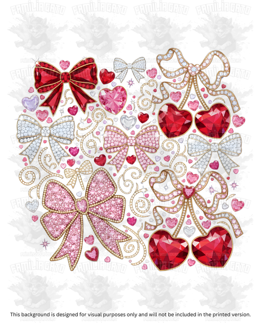 Valentine's Day - Rhinestone Pink Bows and Red Heart Cherries DTF Transfer