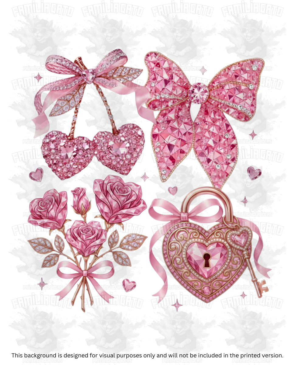 Valentine's Day - Rhinestone Pink Bows, Cherries and Heart Lock DTF Transfer
