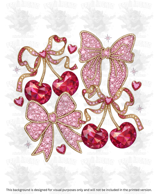 Valentine's Day - Rhinestone Pink Bows with Heart Cherries DTF Transfer