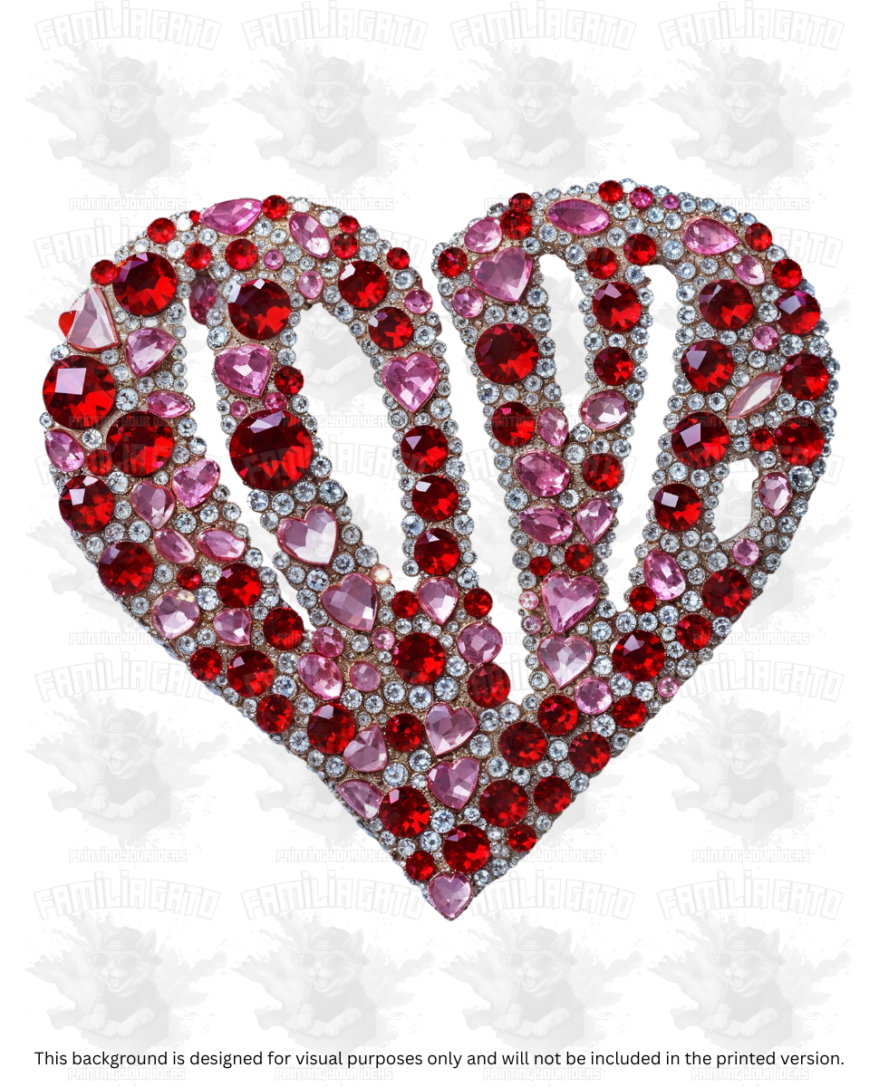 Valentine's Day - Rhinestone Silver Heart with Red & Pink Crystals DTF Transfer