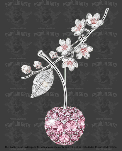 Valentine's Day - Rhinestone Pink Cherry with Silver Flower Branch DTF Transfer