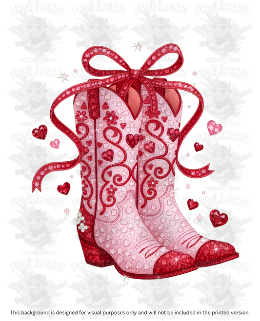 Valentine's Day - Rhinestone Pink Cowboy Boots with Red Bow DTF Transfer