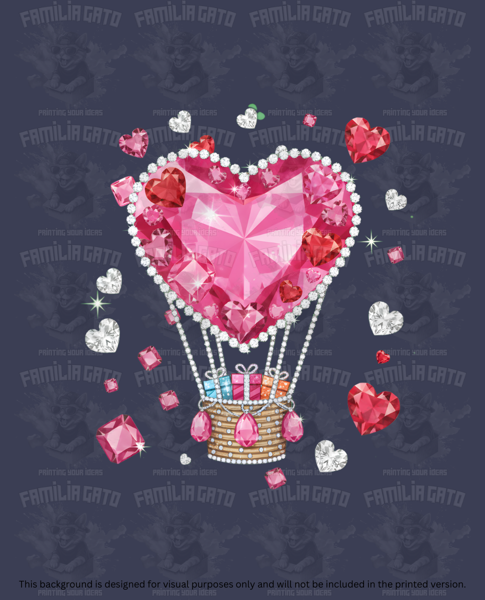 Valentine's Day -Rhinestone Pink Heart Hot Air Balloon DTF Transfer