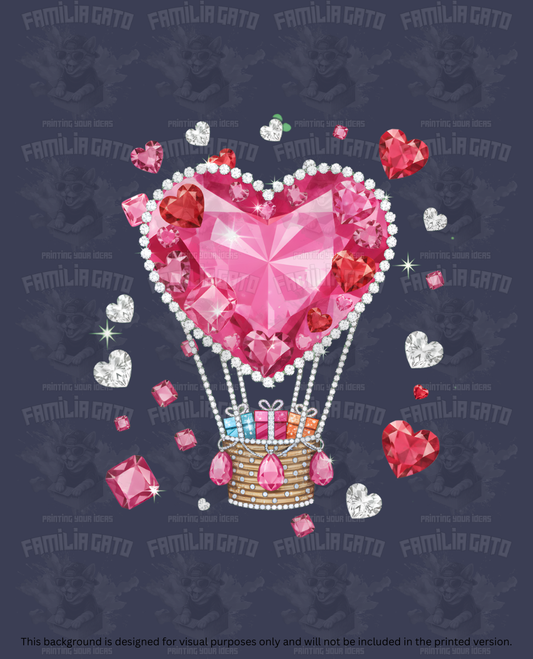 Valentine's Day -Rhinestone Pink Heart Hot Air Balloon DTF Transfer