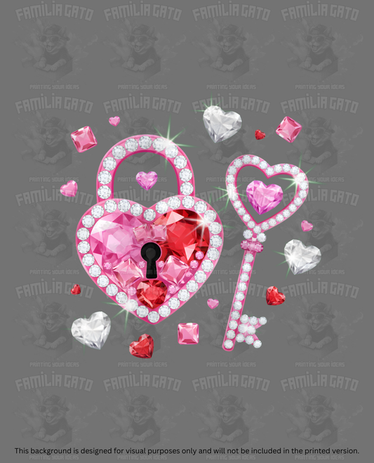 Valentine's Day - Rhinestone Pink Heart Padlock and Key Set DTF Transfer