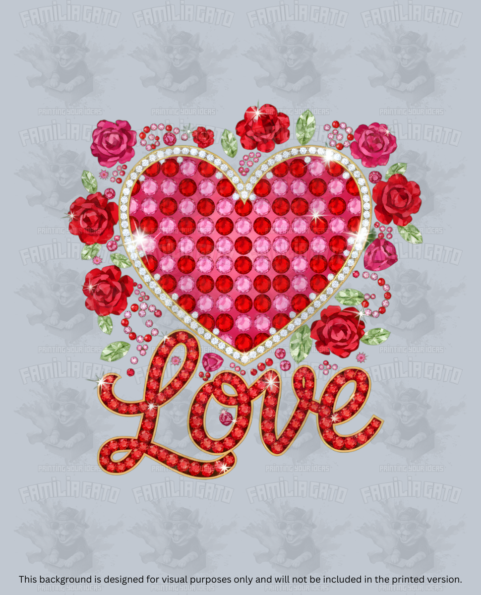 Valentine's Day - Rhinestone Pink Heart, Roses & Love DTF Transfer