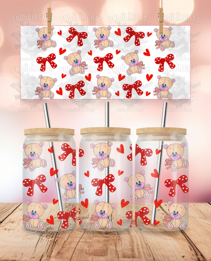 Valentine's Day - Teddy Bear & Red Bows UVDTF Sticker Wrap For 16 oz Libbey Glass Cup