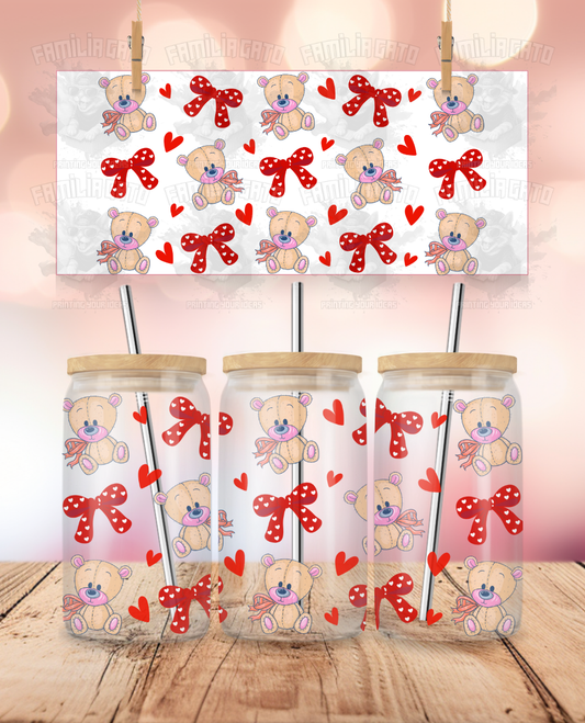 Valentine's Day - Teddy Bear & Red Bows UVDTF Sticker Wrap For 16 oz Libbey Glass Cup