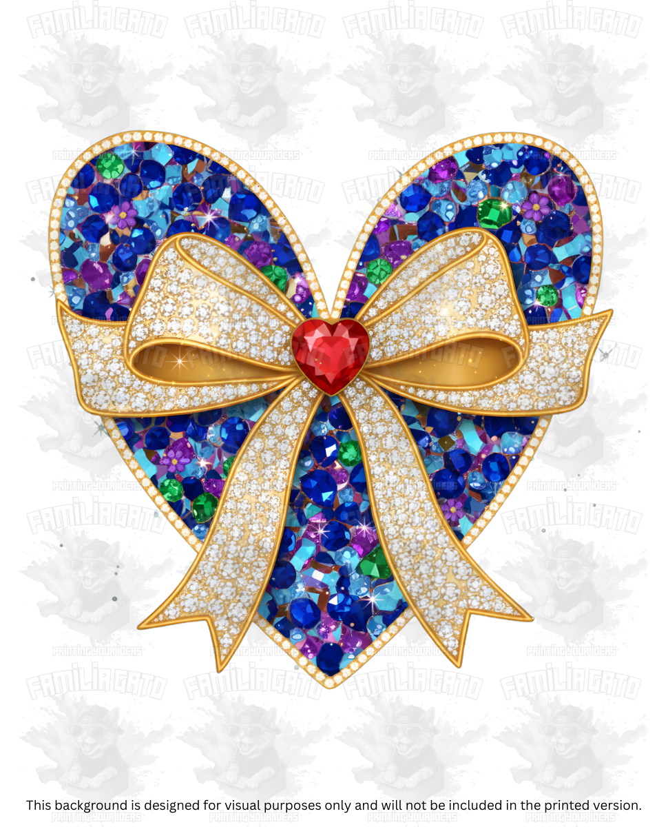 Valentine's Day - Rhinestone Blue Heart with Gold Bow DTF Transfer