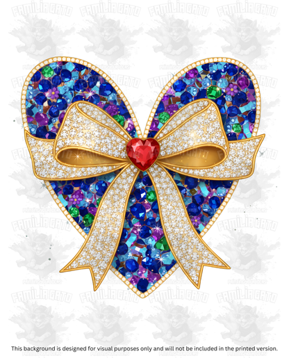 Valentine's Day - Rhinestone Blue Heart with Gold Bow DTF Transfer