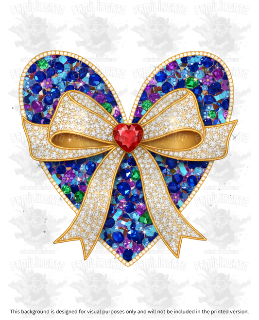 Valentine's Day - Rhinestone Blue Heart with Gold Bow DTF Transfer
