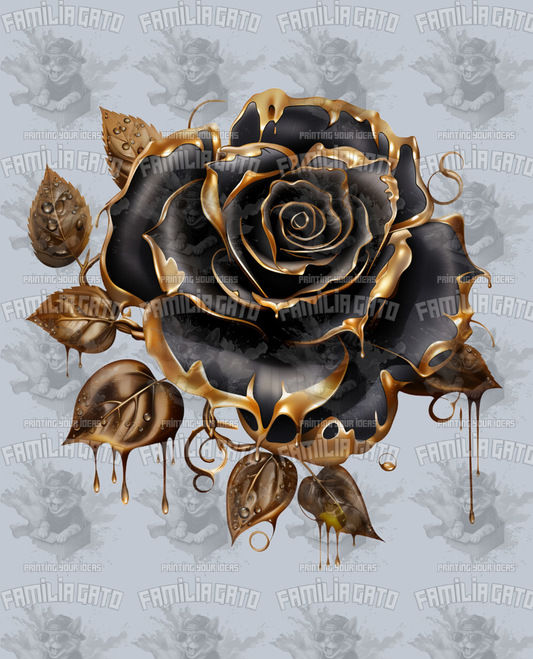 Black Rose with Gold Leaves DTF Transfer