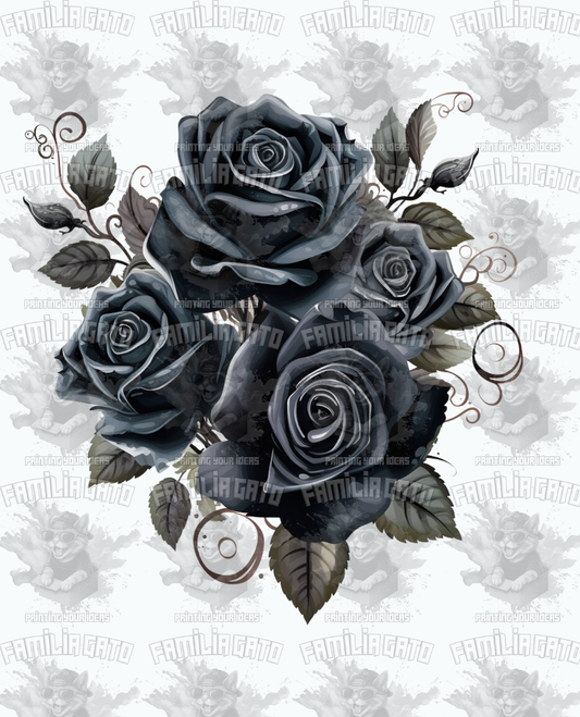 Black Roses with Silver Leaves DTF Transfer