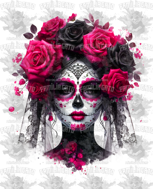 Black Veil Catrina with Roses DTF Transfer
